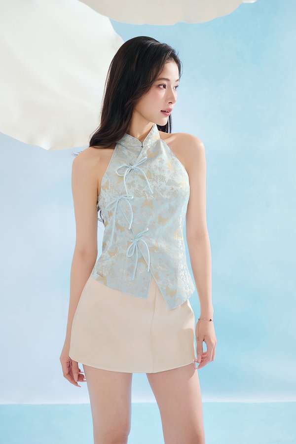 Janine Halter Asymmetrical Cheongsam Top in Blue Butterfly Reverie