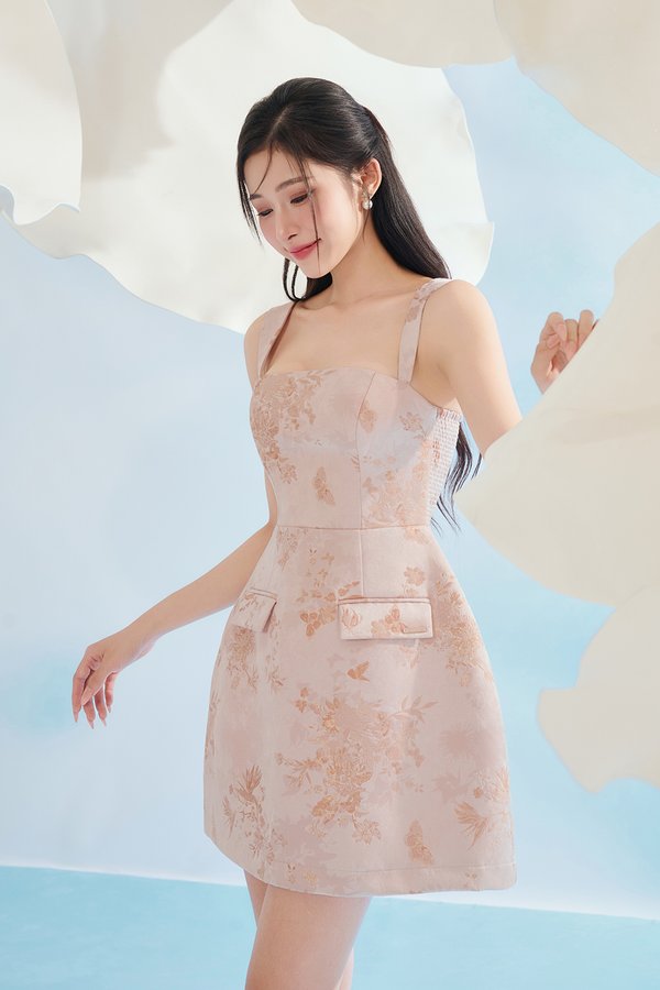 Kara Padded Jacquard Mini Dress in Blush Petal Mirage