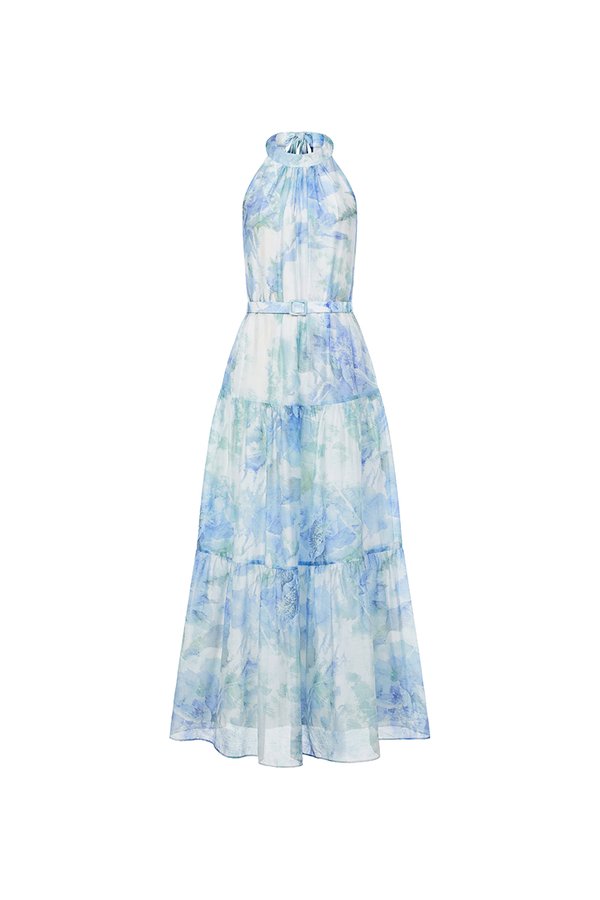 Leila Halter Maxi Dress with Belt in Blue Poéme