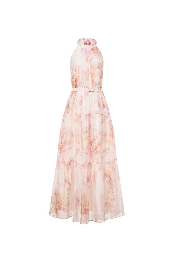 Leila Halter Maxi Dress with Belt in Feather Pink Poéme