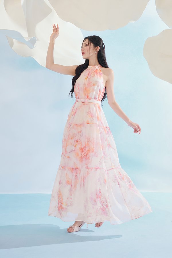 Leila Halter Maxi Dress with Belt in Feather Pink Poéme