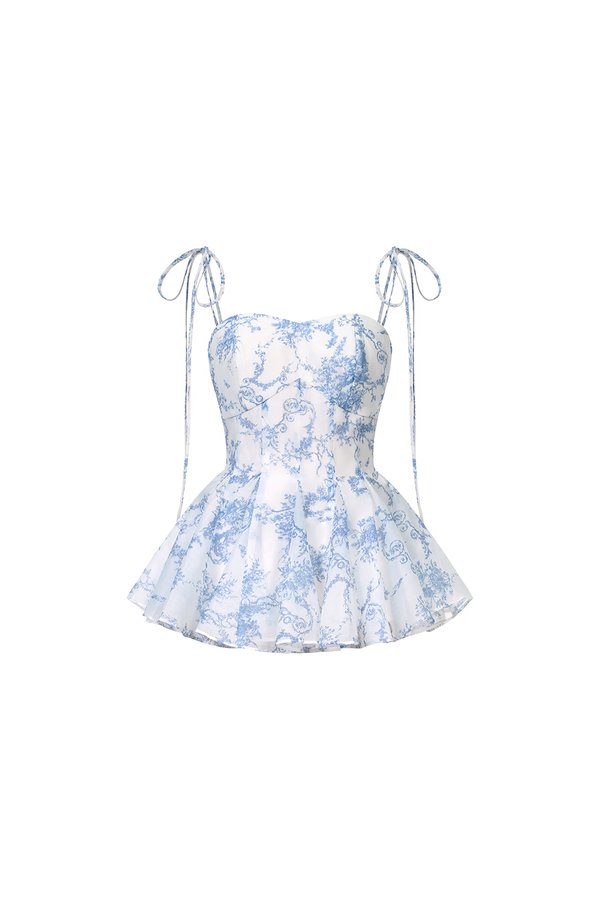 Leni Padded Ribbon Tie Gusset Top in Blue Toile de Jouy