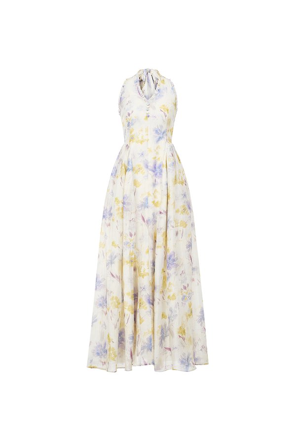 Maisie Padded Halter Flare Maxi Dress in Blue Fleur de Voile