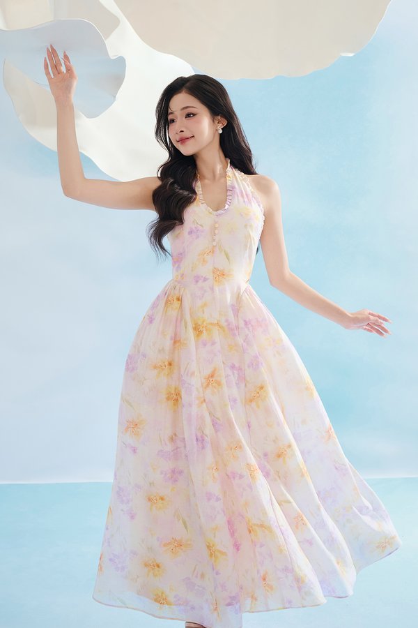 Maisie Padded Halter Flare Maxi Dress in Purple Fleur de Voile