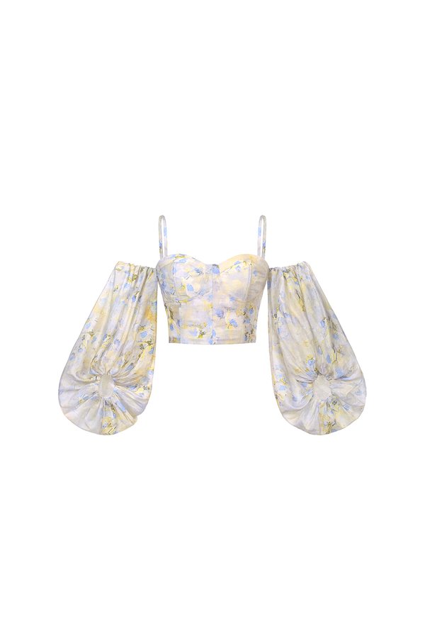 Nettie Bustier Balloon Sleeves Crop Top in Dreaming Blue Blooms