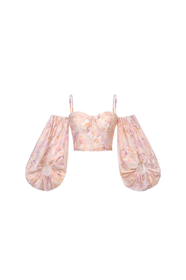Nettie Bustier Balloon Sleeves Crop Top in Dreaming Purple Blooms