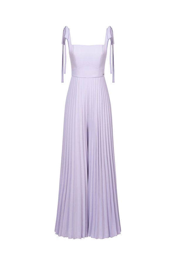 Noémie Padded Chiffon Ribbon Straps Pleated Jumpsuit in French Lilac