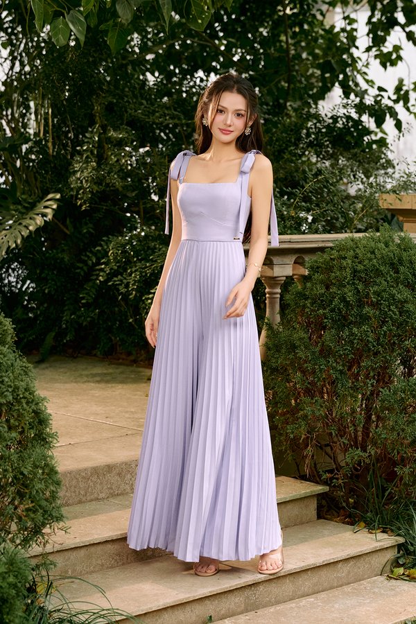 Noémie Padded Chiffon Ribbon Straps Pleated Jumpsuit in French Lilac