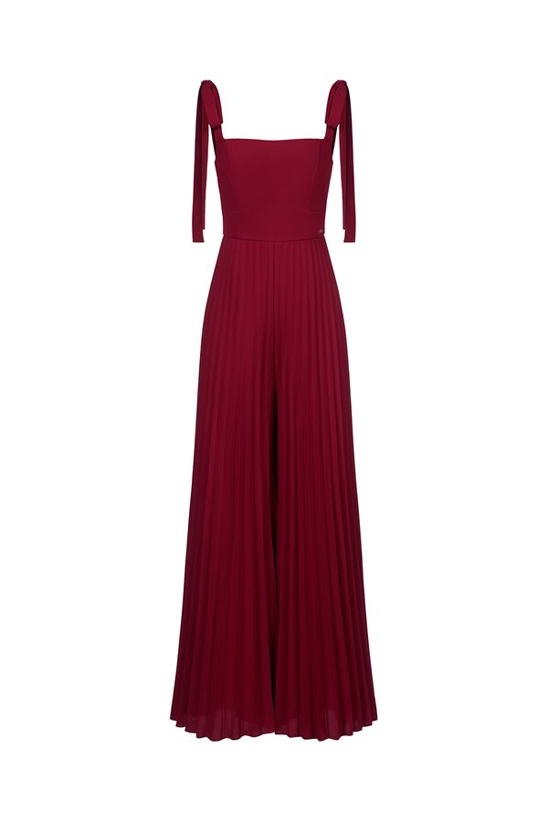 Noémie Padded Chiffon Ribbon Straps Pleated Jumpsuit in Wine Red