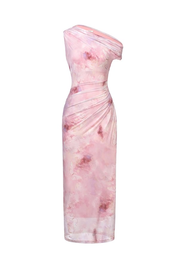 Vega Padded Ruched Mesh Midi Dress in Rose Flutter Gouache