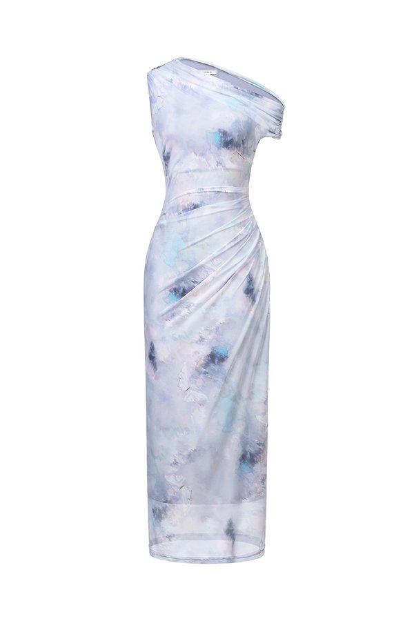 Vega Padded Ruched Mesh Midi Dress in Sky Flutter Gouache