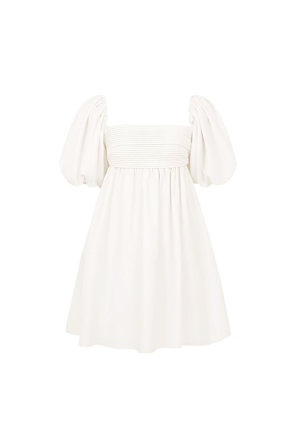 Xena Padded Puff Sleeves Pleated Mini Dress in Iconic White