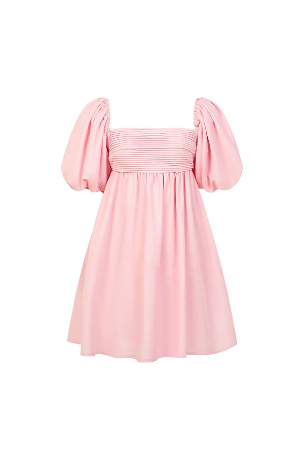 Xena Padded Puff Sleeves Pleated Mini Dress in Light Pink