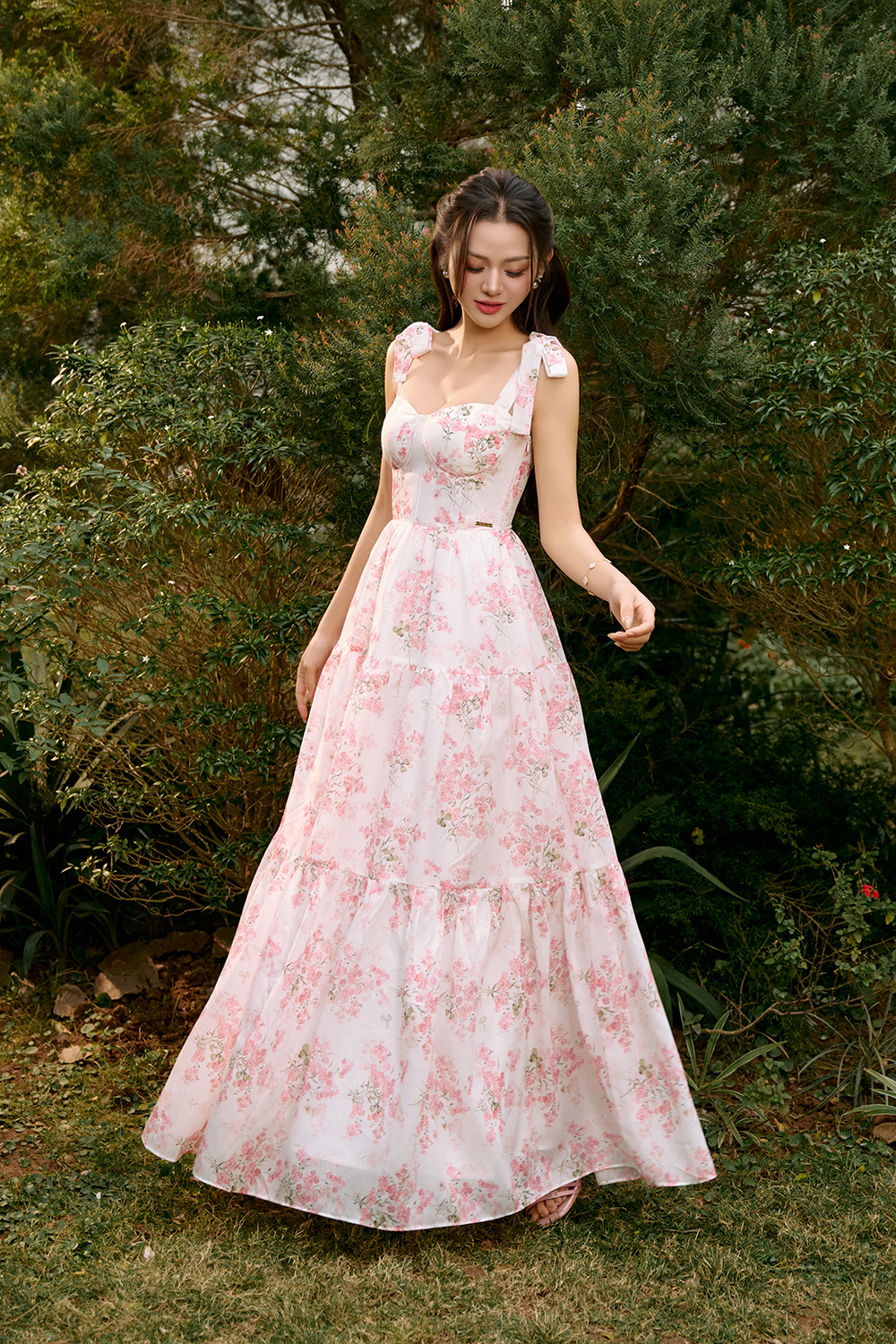 Belle Removable Ribbon Straps Bustier Tiered Maxi Dress in