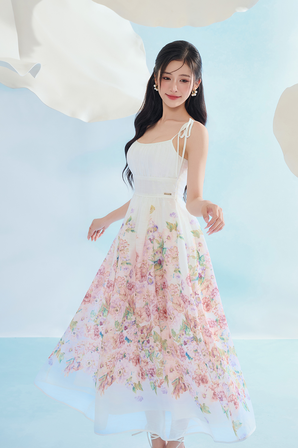 Ciel Padded Ribbon Strap Ruched Bust Midi Dress in Soft Enchanted