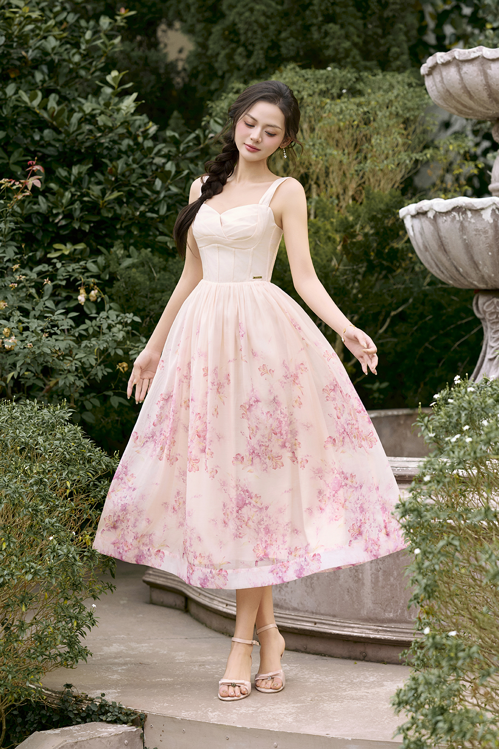 Dream Pleated Bust Soft Corset Midi Dress in Rose Watercolour