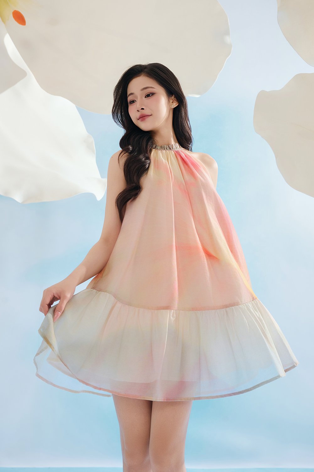 June Halter Flare Mini Dress in Blush Spring