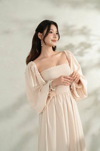 Emme Smocked Long Puff Sleeve Maxi Dress in French Cream