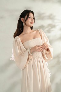 Emme Smocked Long Puff Sleeve Maxi Dress in French Cream