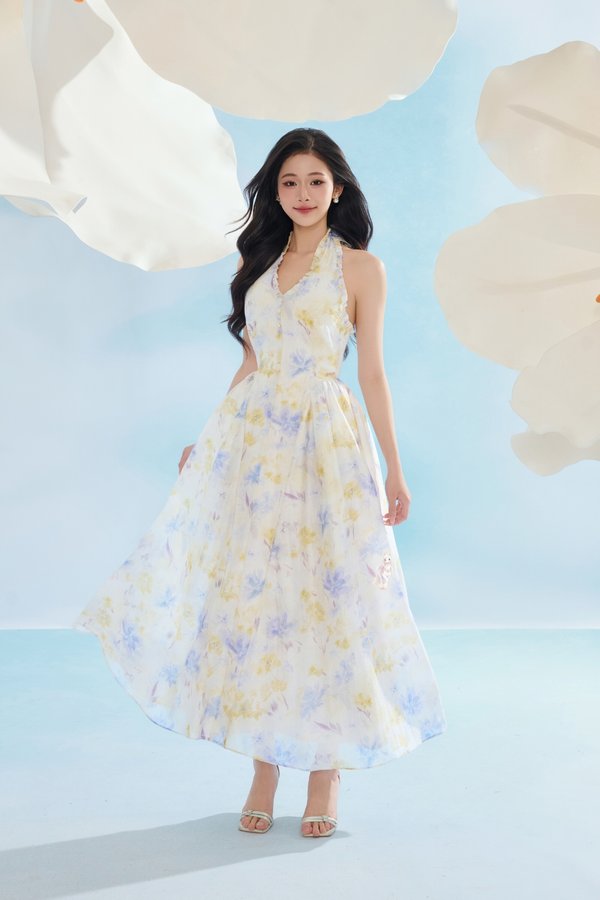Maisie Padded Halter Flare Maxi Dress in Blue Fleur de Voile