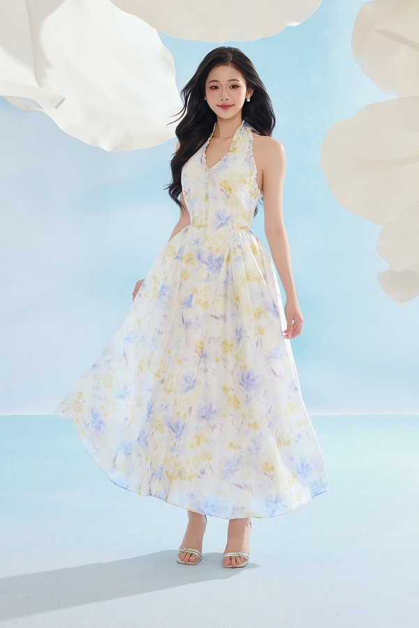 Maisie Padded Halter Flare Maxi Dress in Blue Fleur de Voile