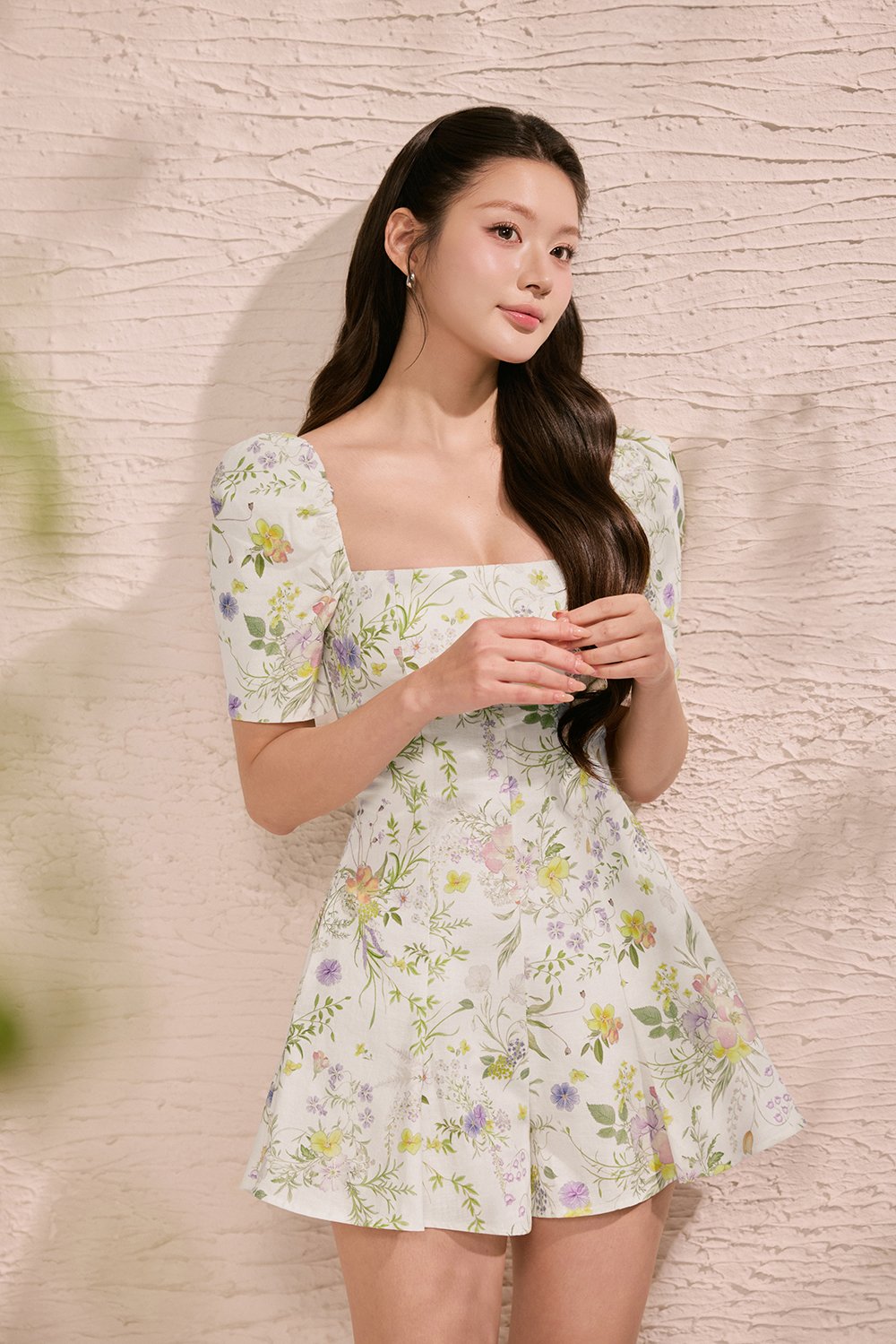 Bambi Padded Puff Sleeves Flare Romper in Golden Wilds