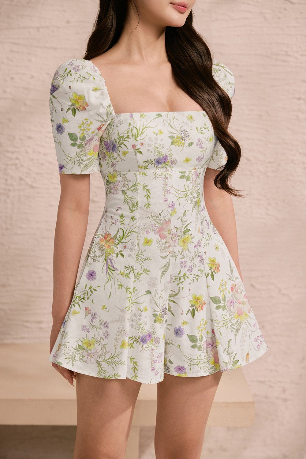 Bambi Padded Puff Sleeves Flare Romper in Golden Wilds