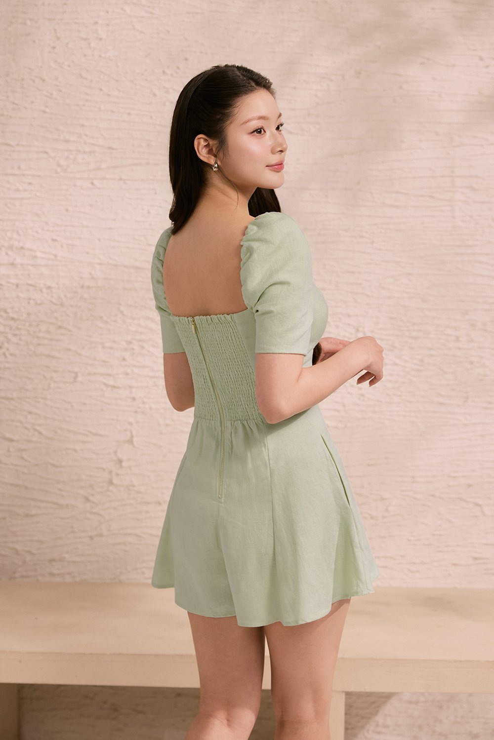 Bambi Padded Puff Sleeves Flare Romper in Mint