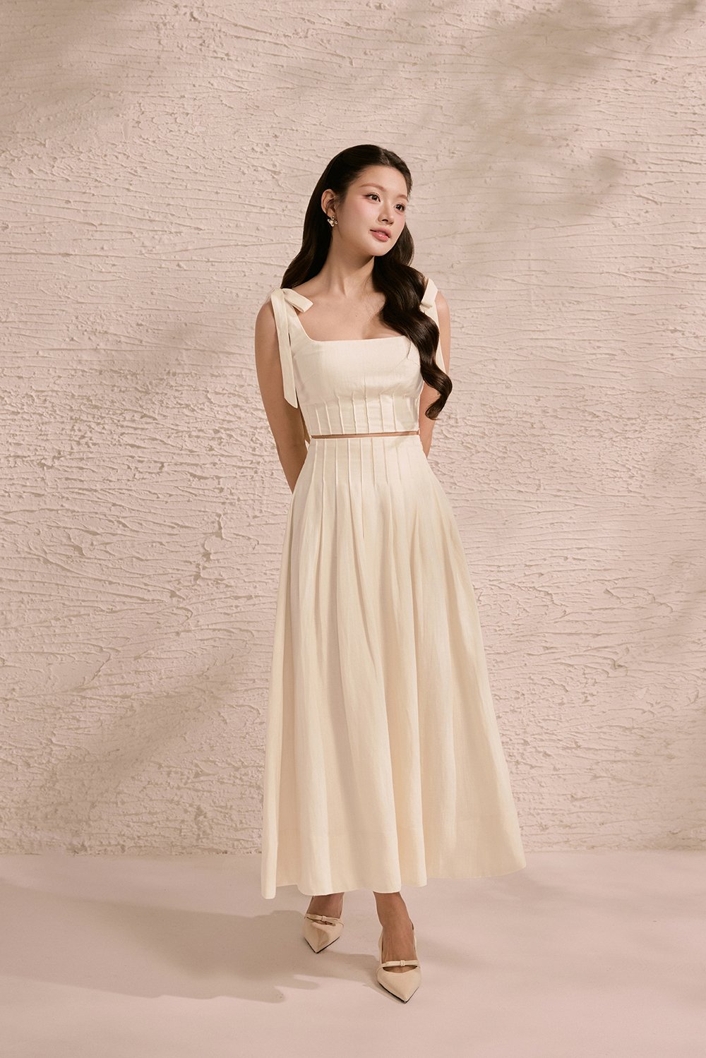 Beth Padded Removable Ribbon Pintuck Crop Top in Buttercream