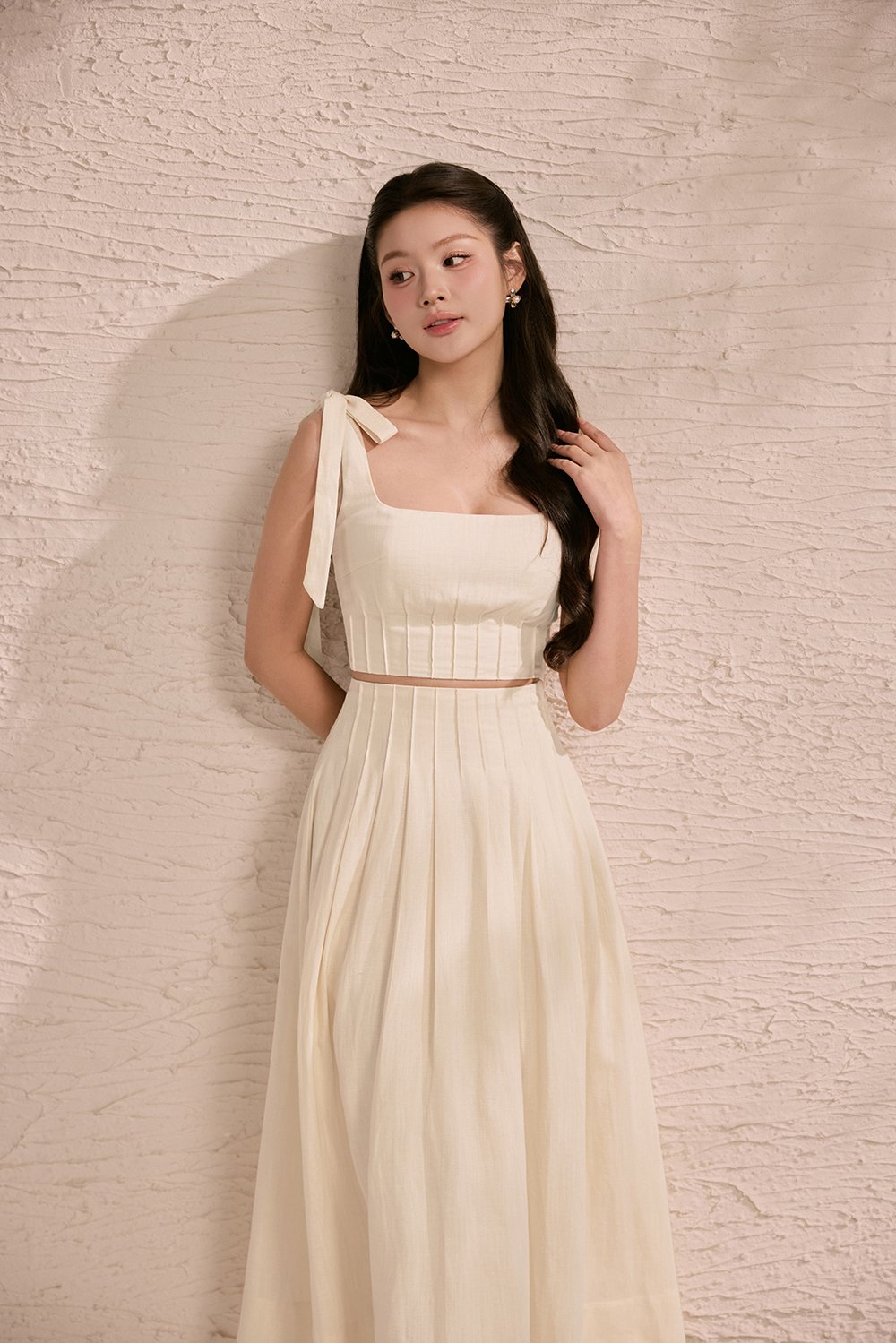 Beth Padded Removable Ribbon Pintuck Crop Top in Buttercream