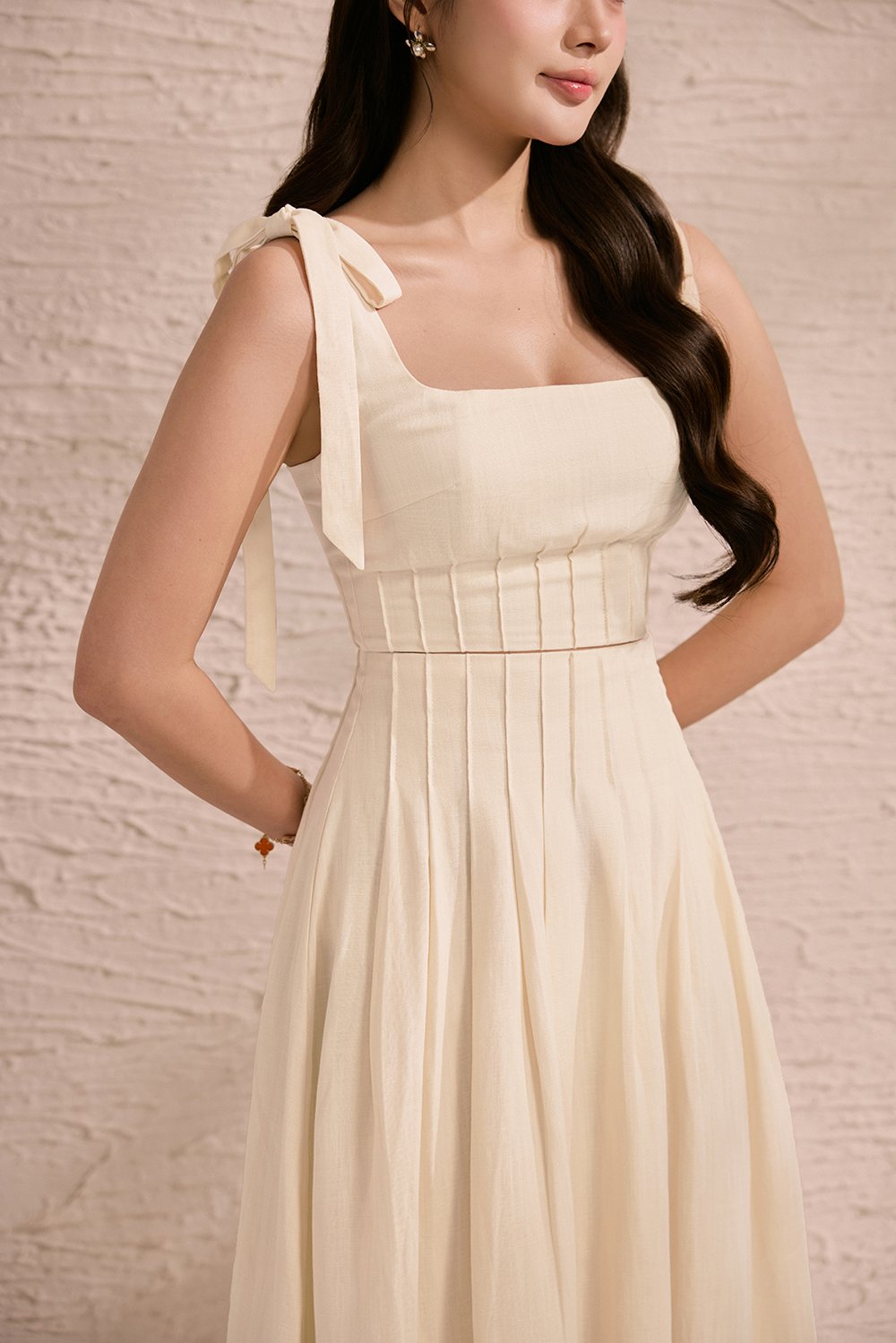 Beth Padded Removable Ribbon Pintuck Crop Top in Buttercream