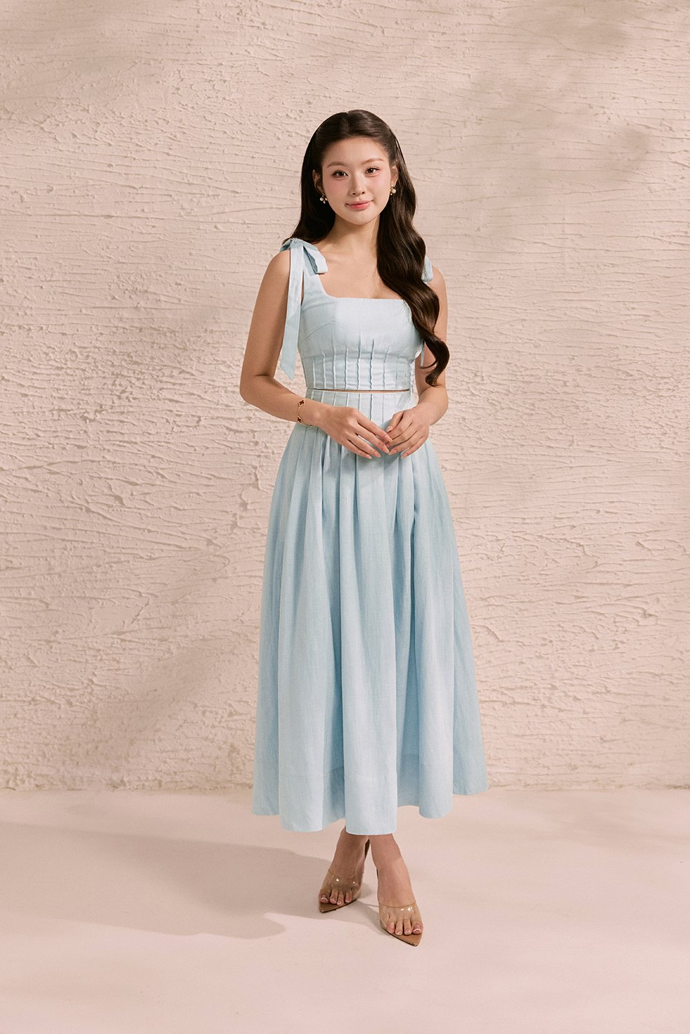 Beth Padded Removable Ribbon Pintuck Crop Top in Tiffany Blue