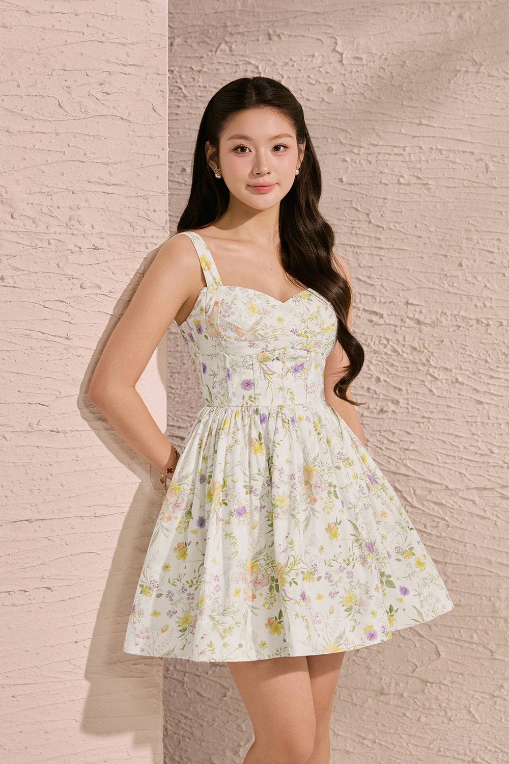 Dream Pleated Bust Soft Corset Mini Dress in Golden Wilds