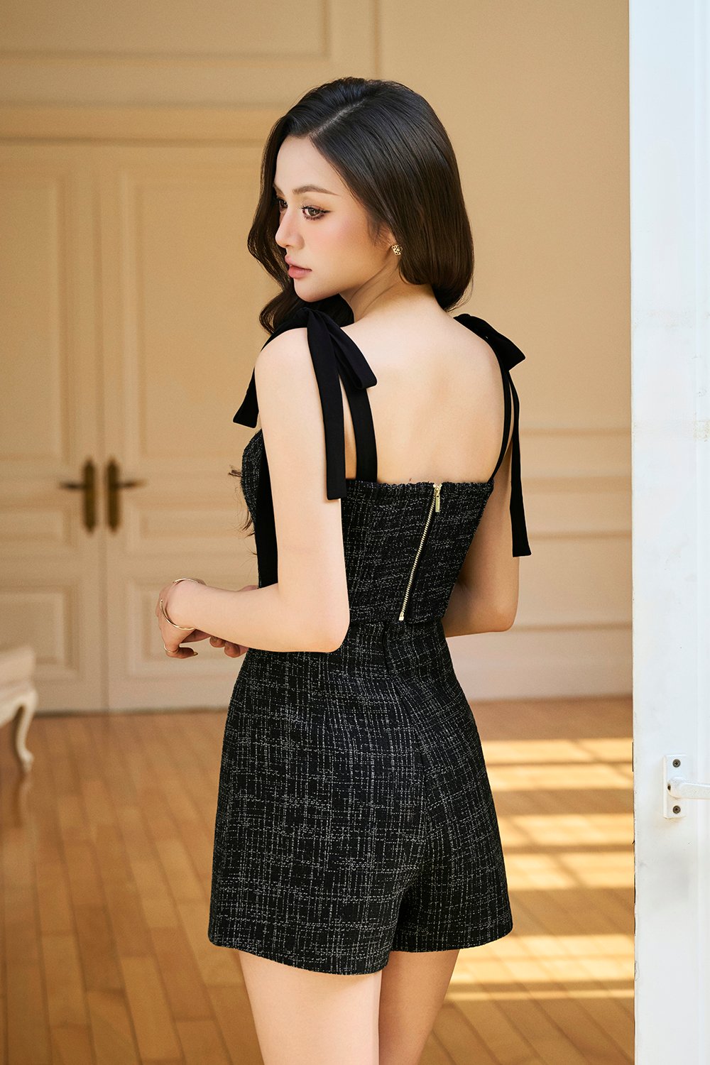 Estelle Tweed Bustier Top with Ribbon Straps in Black