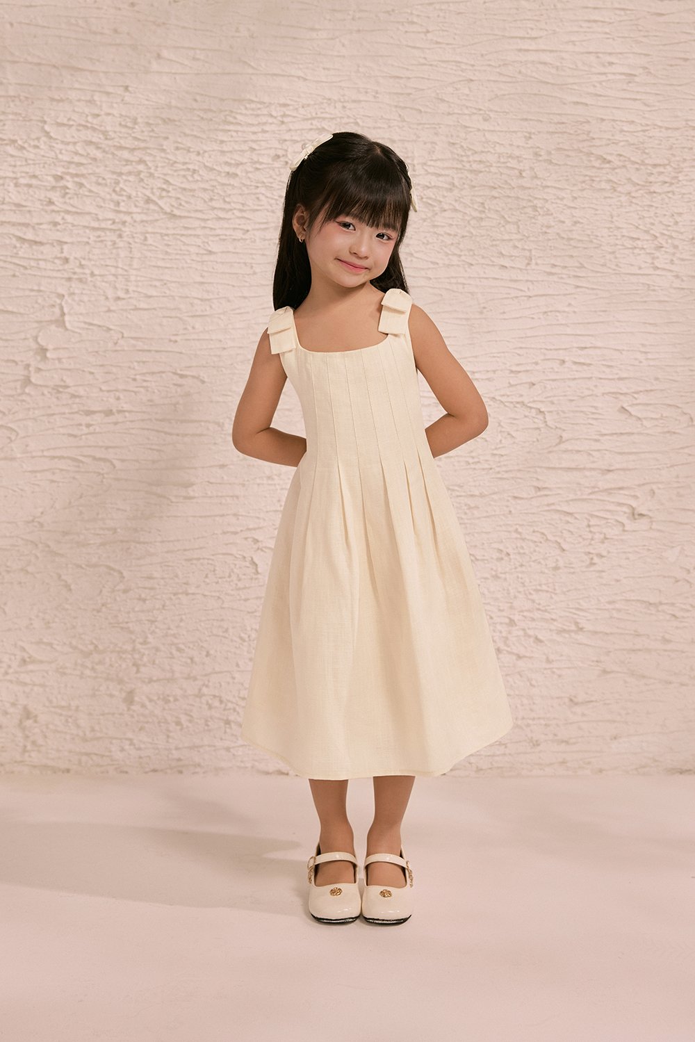 Little Beth Ribbon Straps Pleated Dress in Buttercream