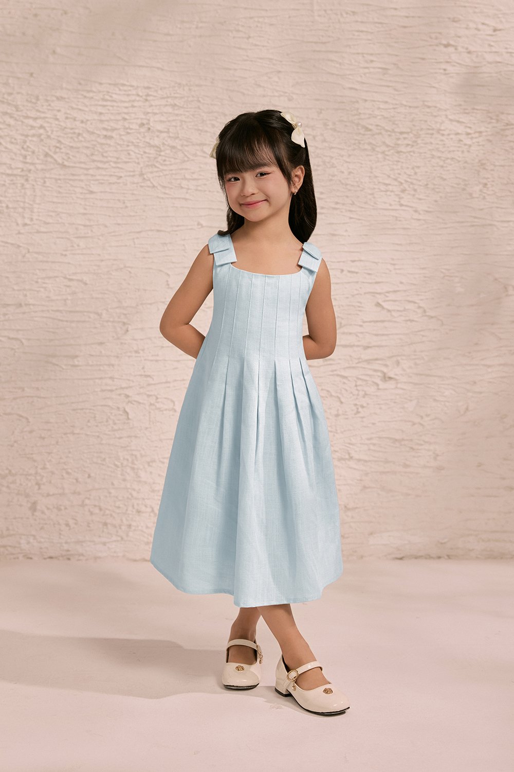 Little Beth Ribbon Straps Pleated Dress in Tiffany Blue