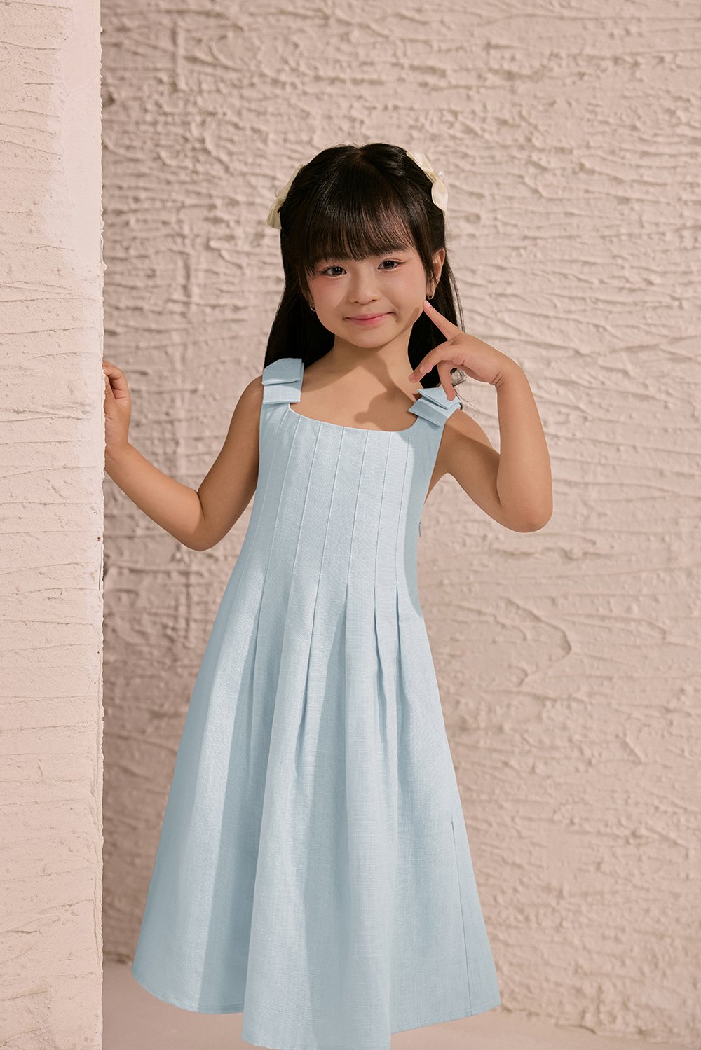 Little Beth Ribbon Straps Pleated Dress in Tiffany Blue