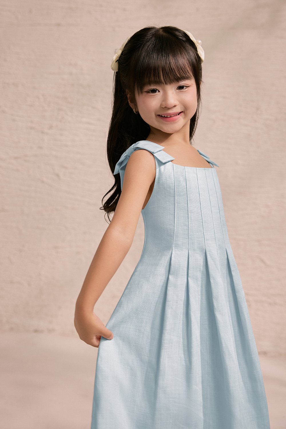 Little Beth Ribbon Straps Pleated Dress in Tiffany Blue