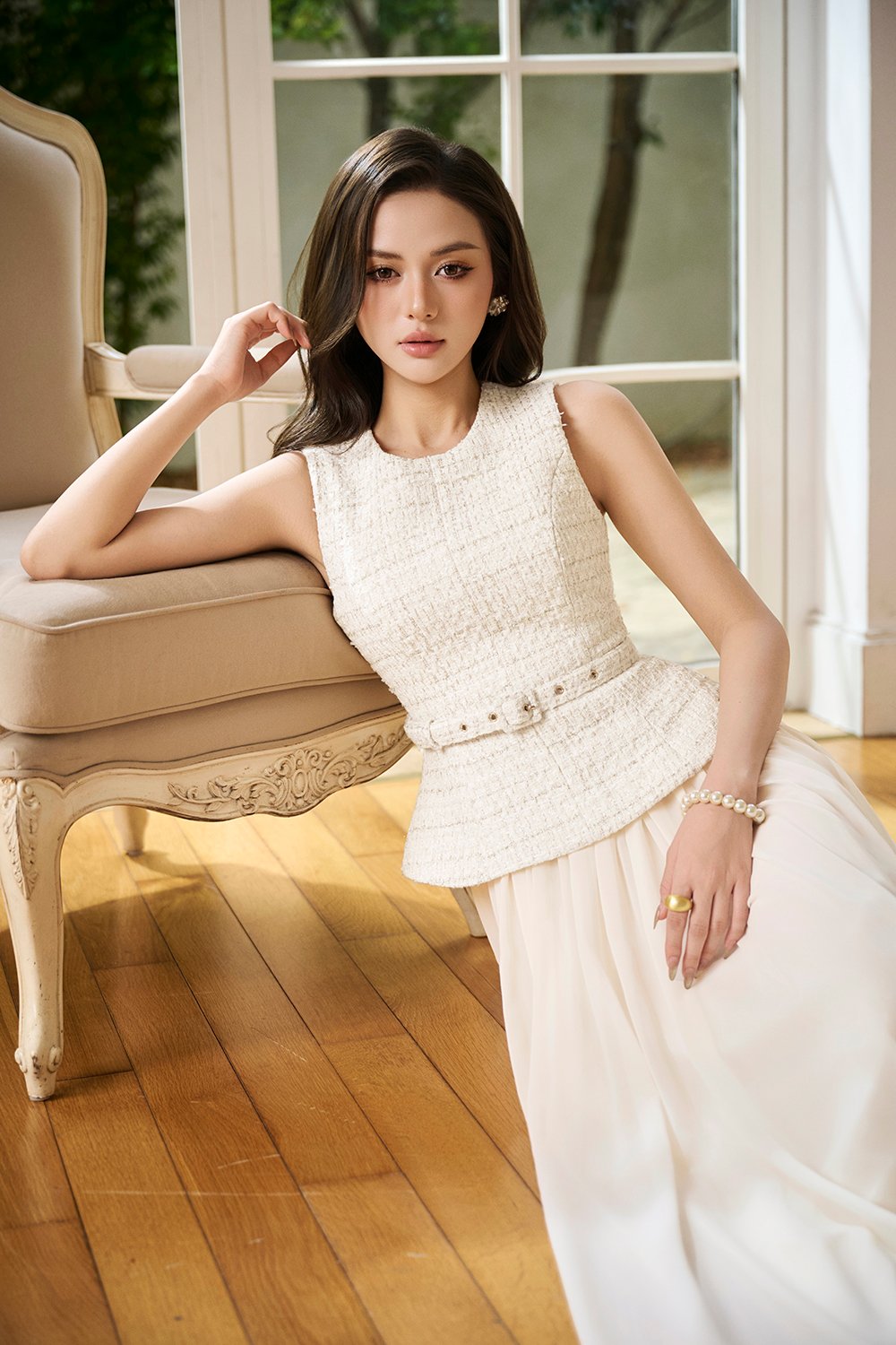 Liz Padded Contrast Maxi Dress in Cream