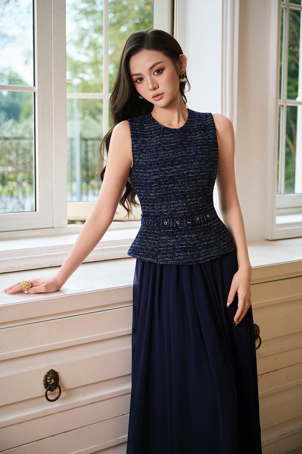 Liz Padded Contrast Maxi Dress in Midnight Blue