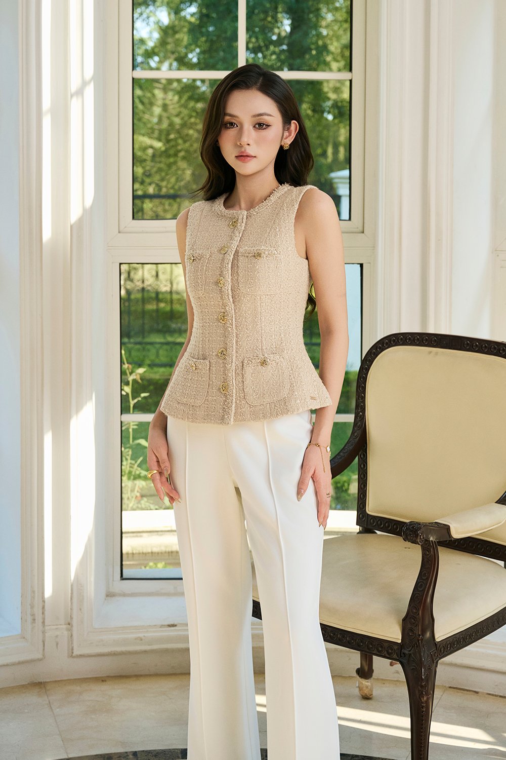 Rhea Tailored Vest Top in Beige