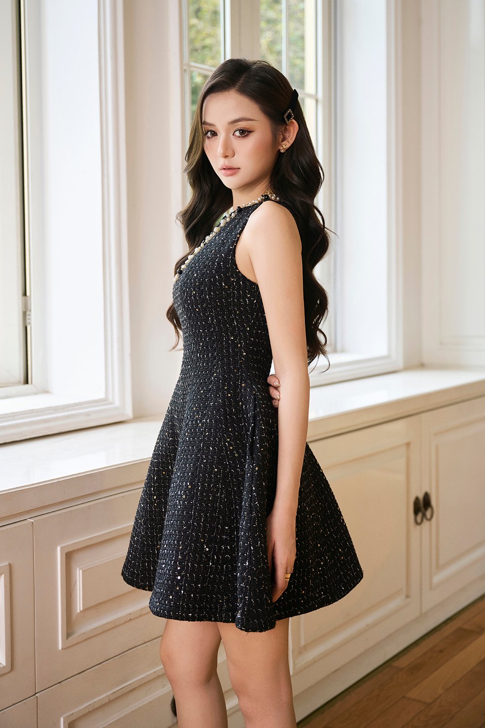 Vera Padded Flare Mini Dress in Black