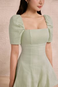 Bambi Padded Puff Sleeves Flare Romper in Mint