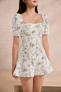 Bambi Padded Puff Sleeves Flare Romper in Misty Prairie