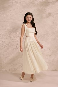 Beth High Waist Pintuck Midi Skirt in Buttercream