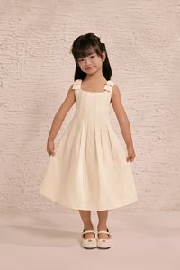 Little Beth Ribbon Straps Pleated Dress in Buttercream