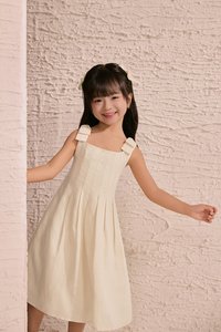 Little Beth Ribbon Straps Pleated Dress in Buttercream