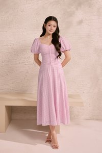 Loretta Padded Sweetheart Puff Sleeves Ruched Midaxi Dress in Cupcake Pink