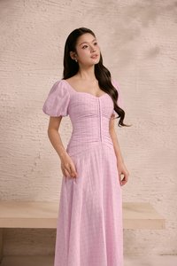 Loretta Padded Sweetheart Puff Sleeves Ruched Midaxi Dress in Cupcake Pink