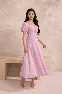 Loretta Padded Sweetheart Puff Sleeves Ruched Midaxi Dress in Cupcake Pink